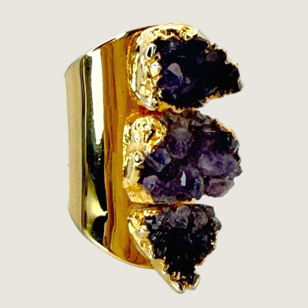 Amethyst Raw Druzy Triple Stone Gold Tone Wide Band Statement Ring Adjustable